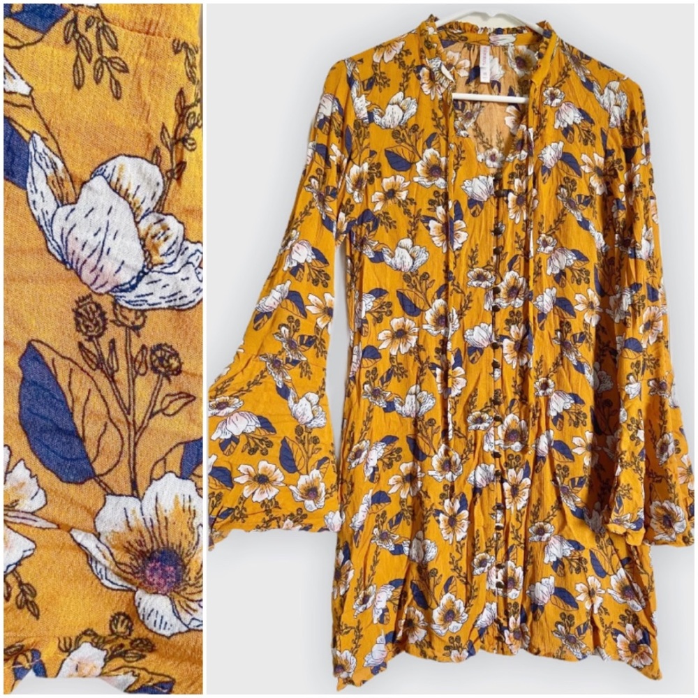 Xhilaration XS Bell Sleeve Tunic Flare Mustard 70s